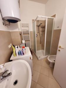 a bathroom with a sink and a shower and a toilet at HB Appartamenti in centro Bergamo in Bergamo