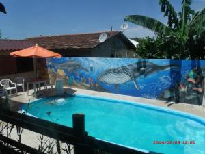 a swimming pool with a mural of dolphins at Residencial Campo Dunna in Praia do Rosa