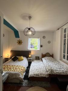 a bedroom with two beds and a window at Les Petites Mirabelles - À 9mn du ZooParc de Beauval - Gare à 200m - Route des Châteaux de la Loire in Noyers-sur-Cher