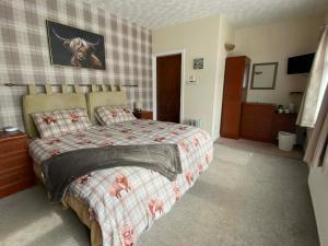 a bedroom with a bed with a checkered wall at Strathwhillan House in Brodick