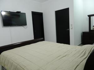 Schlafzimmer mit einem Bett und einem Flachbild-TV in der Unterkunft Residencial Vista Del Bosque in Santiago de los Caballeros