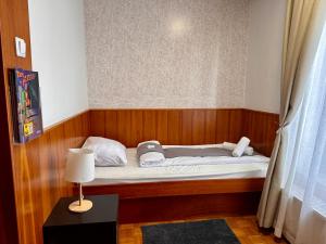 a small bed in a wooden room with a lamp at Guest House Park Žibert in Ljubljana