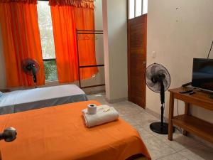 a bedroom with a bed and a fan and a television at Heliconia's Inn in Puerto Maldonado