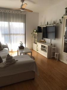 a bedroom with a bed and a flat screen tv at Acogedora habitación privada en Villa Mayka in Granada