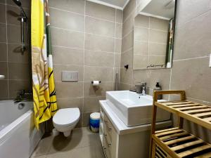a bathroom with a sink and a toilet and a tub at Nori Studio #Garden&Pool in Ştefăneştii de Sus