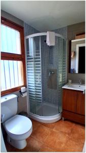 a bathroom with a shower and a toilet and a sink at Sorrosal in Broto +30 photos