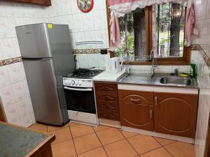 eine Küche mit Kühlschrank, Herd und Spüle in der Unterkunft cabañas arca in Pucón