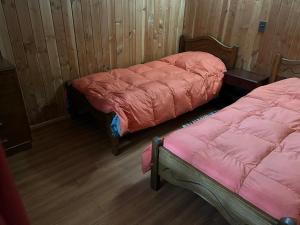 zwei Betten in einem holzgetäfelten Zimmer in der Unterkunft cabañas arca in Pucón
