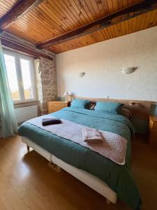 a bedroom with a large bed with blue pillows at Lo Soulenquo à Fonteilles sur le GR 65 in Golinhac