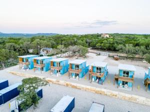 an overhead view of a group of blue homes at The Container Retreat - 6A.. in Canyon Lake +12 photos