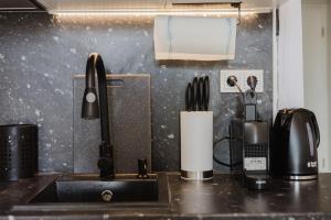 a kitchen counter with a sink and a coffee maker at Design-Studio mit Balkon - Nähe Donau in Passau