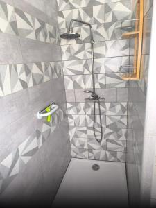 a bathroom with a shower with gray and white tiles at Gîte des castors in Harricourt +11 photos