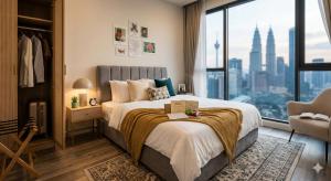 a bedroom with a large bed with a large window at Ehsan Suites in Kuala Lumpur +10 photos
