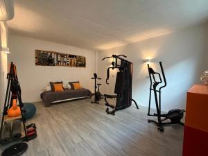 a living room with a bed and some equipment in it at Kefi Spitia in Simotáta