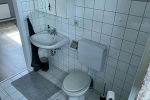 a white bathroom with a toilet and a sink at FewoConny in Hattstedt