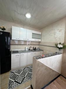 a kitchen with white cabinets and a black refrigerator at Christian Dior Lazarevac in Lazarevac