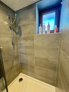 a bathroom with a shower and a sink at Charmantes Rustico La Vedetta mit Terrasse in Minusio