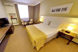 a hotel room with a bed and a television at Marques Plaza Hotel in Pouso Alegre