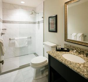 a bathroom with a toilet and a shower and a sink at The Washington House Hotel & Restaurant in Sellersville +27 photos