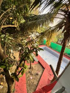 an overhead view of a swimming pool with palm trees at Happy Hills in Yelagiri