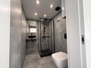 a bathroom with a toilet and a shower at CentralPark Katowice in Katowice
