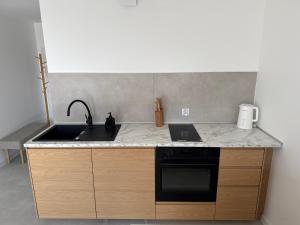 a kitchen with a sink and a stove top oven at CentralPark Katowice in Katowice