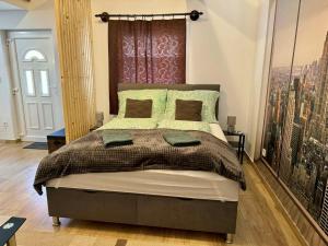 a bedroom with a large bed with a poster of a city at Biró Vendégház in Sármellék