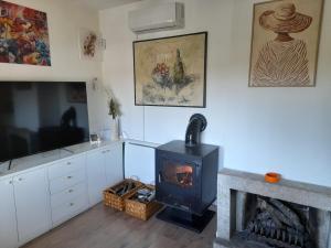 a living room with a fireplace and a tv at Montepino in Maello