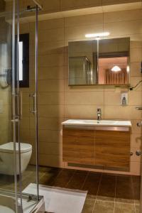 a bathroom with a sink and a toilet and a mirror at Elia Deluxe Accommodation in Kalabaka
