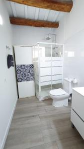 a bathroom with a toilet and a glass shower at Casa Centenaria 1769 in Cubelles +24 photos