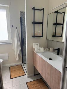 a bathroom with a large sink and a mirror at Villa Perla in Battipaglia +6 photos