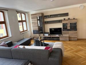 a living room with a couch and a tv at Stilvolles Altstadt-Apartment in Bestlage in Dinkelsbühl