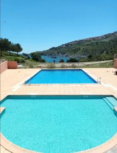 a large swimming pool with blue water at L'oasis bleu in Cerbère