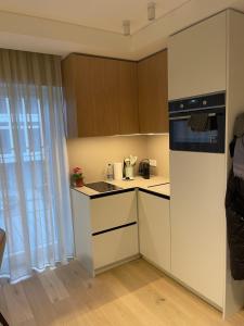 eine kleine Küche mit Herd und Kühlschrank in der Unterkunft Marè studio in Neringa