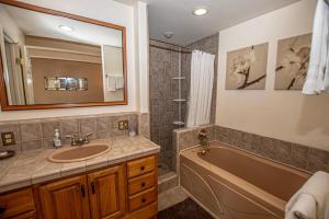 a bathroom with a sink and a bath tub and a mirror at Trailside Escape By Hauserman Rentals in Tahoe City +48 photos
