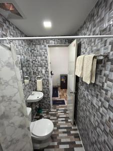 a bathroom with a toilet and a sink and a shower at M&S Cabina in Alburquerque