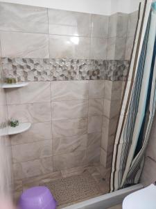a bathroom with a shower with a toilet at Varkaris Room 2 in Katarráktis +5 photos