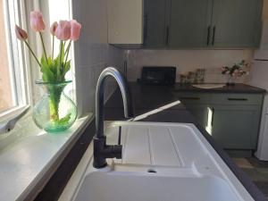 a kitchen sink with a vase with pink tulips in it at Number 47 in Hawick