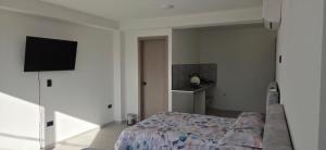 a bedroom with a bed and a flat screen tv at Don Pedro in Buga +1 photo