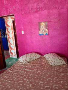 a bed with a pink wall with a picture on it at Hostel Mamitchesca in Canoa Quebrada