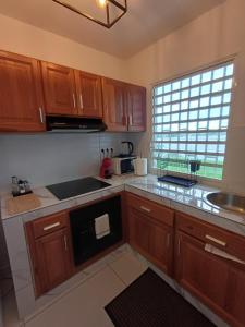 a kitchen with wooden cabinets and a sink and a window at Location meublee Kourou pour 5 personnes plus 1 bebe in Kourou