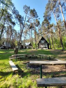 a group of picnic tables in front of a cabin at Chatičky pod Kamínkem Doksy in Doksy