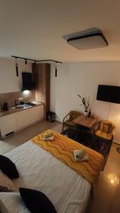 a bedroom with a large bed and a kitchen at Rosa Brandis Cozy Apartment in Travnik