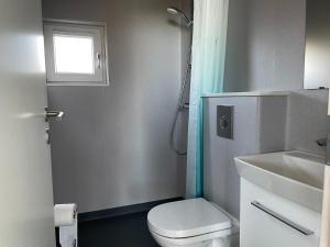 a bathroom with a shower and a toilet and a sink at DCU-Camping Kulhuse in Kulhuse