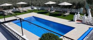 a swimming pool in a yard with chairs and umbrellas at Finca Tres Molinos B&B in Roldán