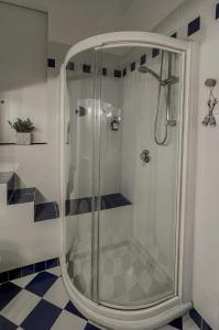 a shower with a glass door in a bathroom at Bilocale affacciato sul budello a 30 mt dal mare in Laigueglia