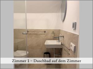 a bathroom with a shower and a sink and a toilet at Gästehaus Reibold in Freinsheim +16 photos