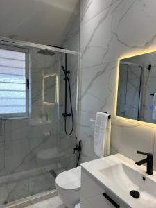 a bathroom with a shower and a toilet and a sink at Olivea Suites Tirana in Tirana +14 photos