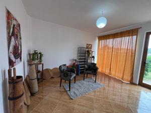 a living room with chairs and a large window at Villa Apollonia Guest House in Fier