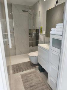 a bathroom with a shower and a toilet and a sink at Maison vue mer a 5 min de MONACO in Roquebrune-Cap-Martin +27 photos